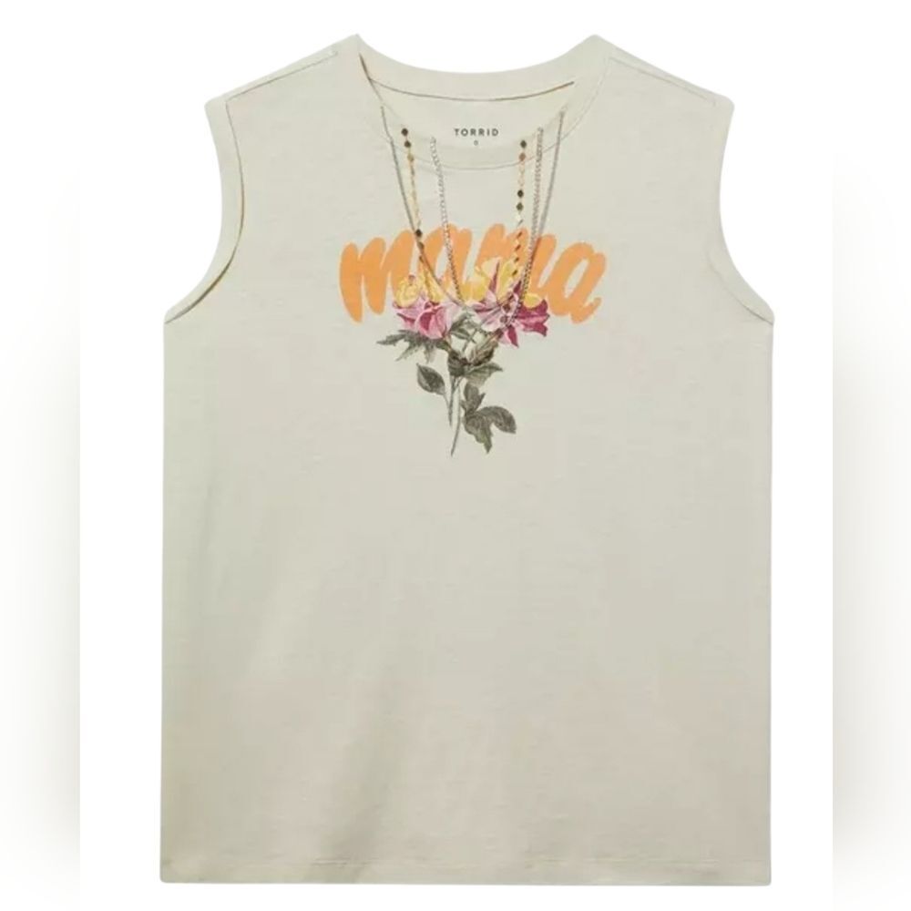 NWT Torrid 3 "Mama" Roll Sleeve Muscle Tank Floral Graphic Sandstone AD-1435
